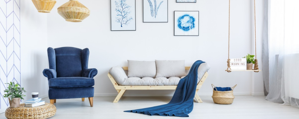 Blue, dove grey and white living room theme with woven reed elements