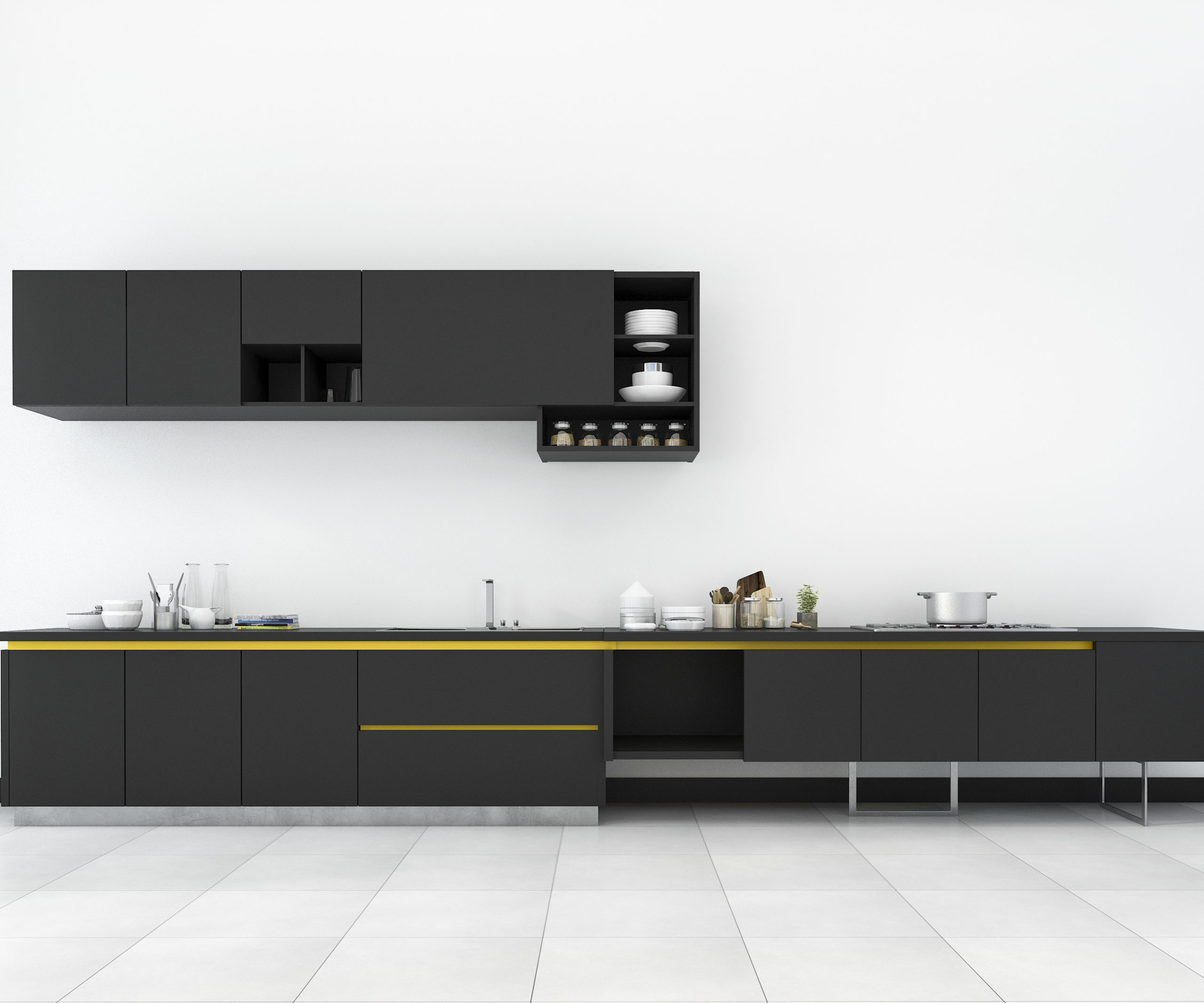 minimalist retro kitchen black countertop