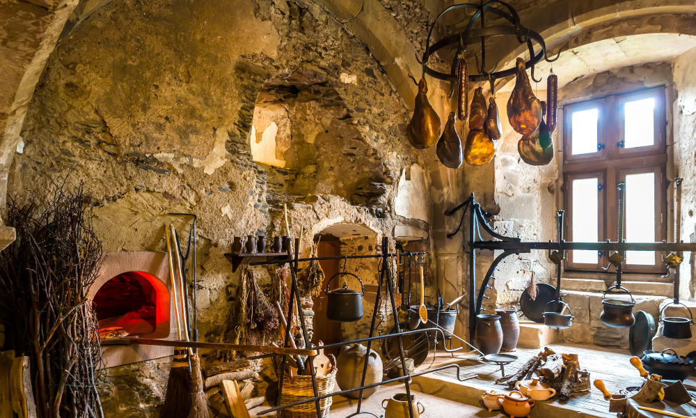 Historical medieval castle kitchen in Europe