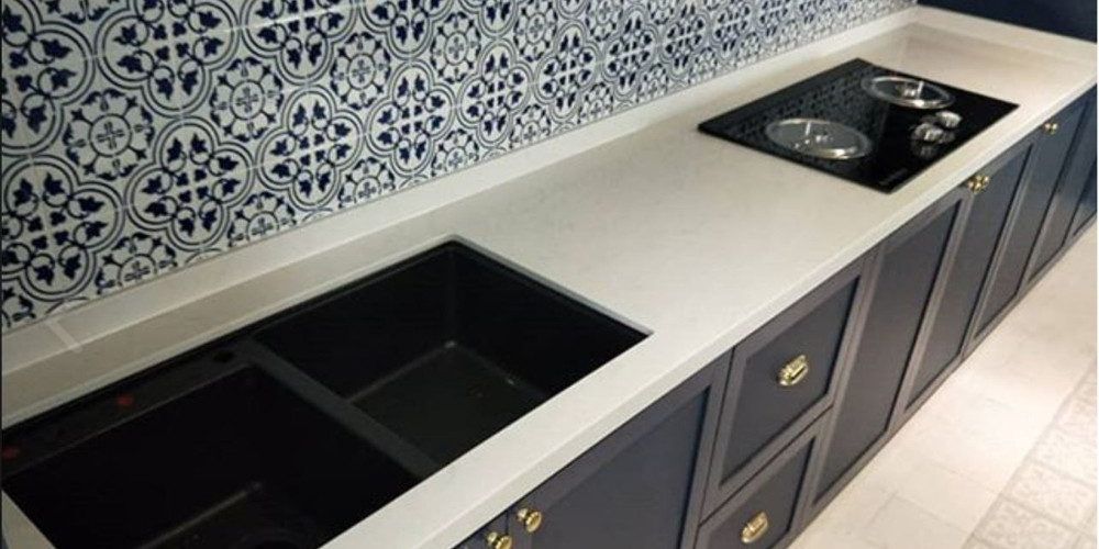 Aurastone Quartz Kitchen Countertop with Vintage Tiles Backsplash