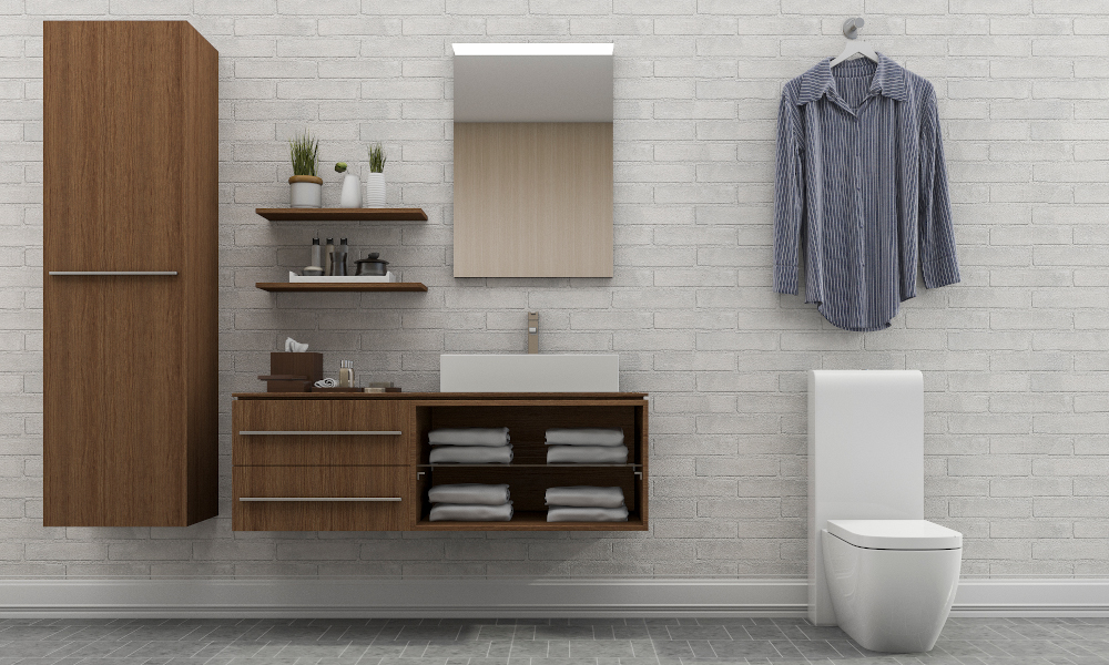 Simplet toilet layour with wooden storage cabinets, open racks for towels and toiletries
