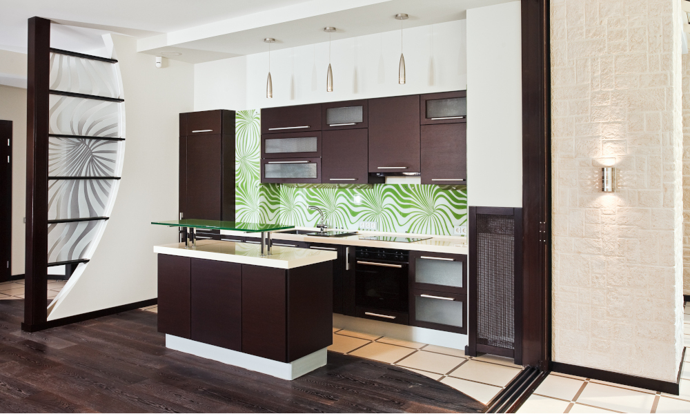 Modern kitchen (studio) interior with dark wooden floor and tiled floor