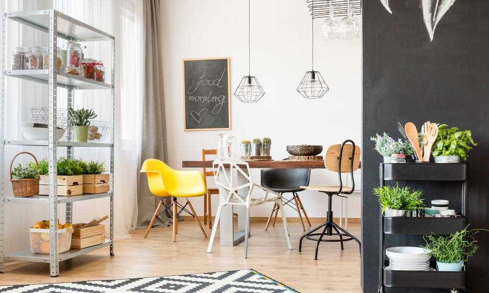 Quirky dining room with mismatched chairs at dining table