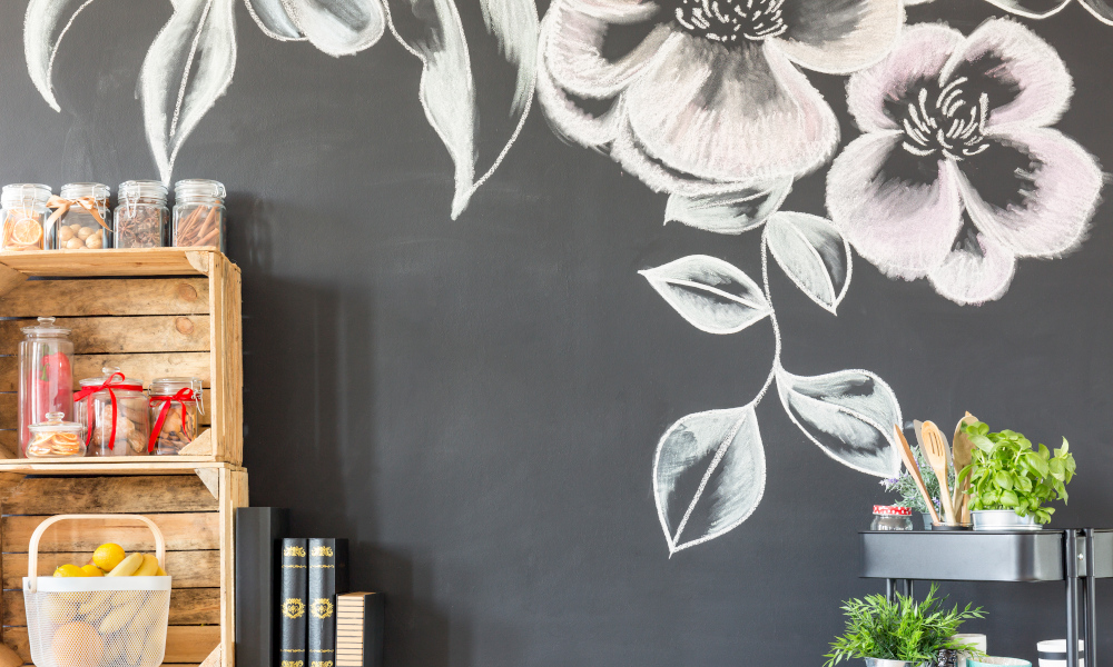 Floral mural on blackboard paint kitchen wall