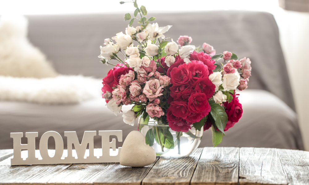 Freshly cut flowers in a vase, indoor living room decor