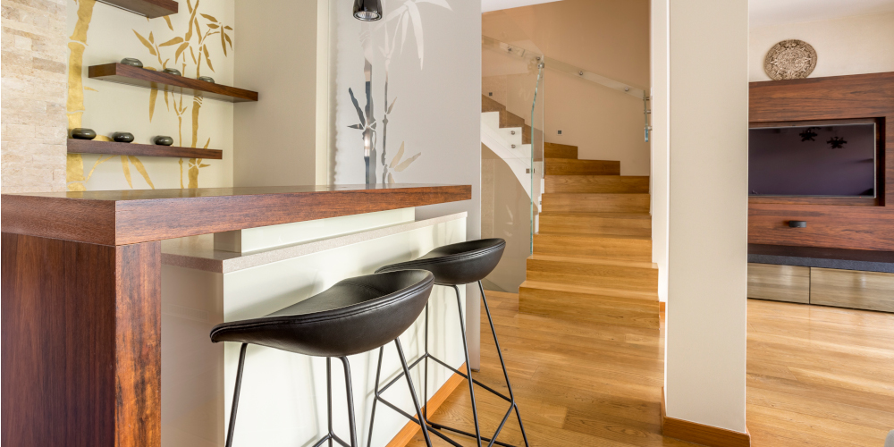 Wooden bar in stylish living room in big house for hosting guests