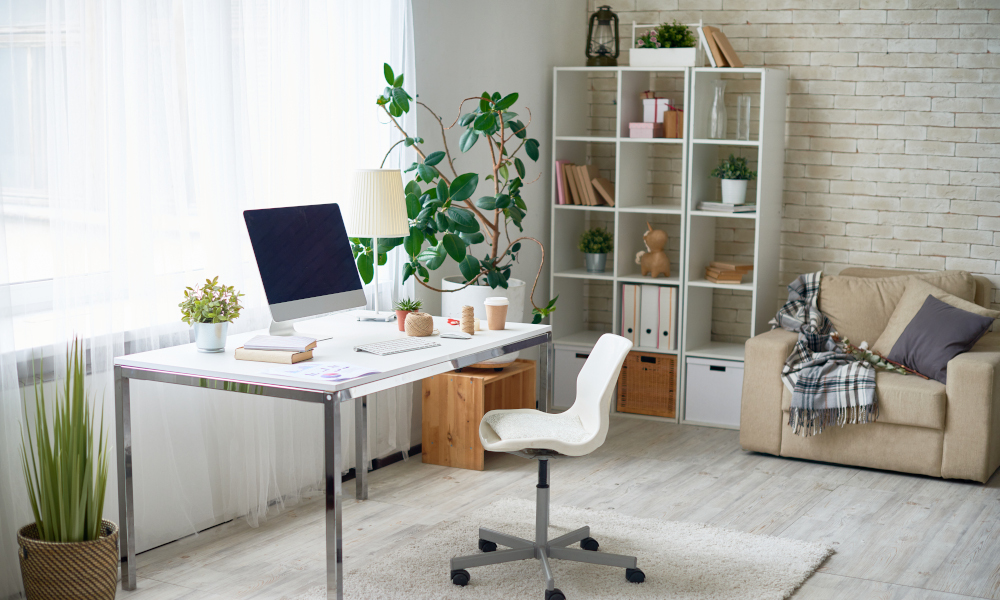 Home office with natural lighting setup in living room