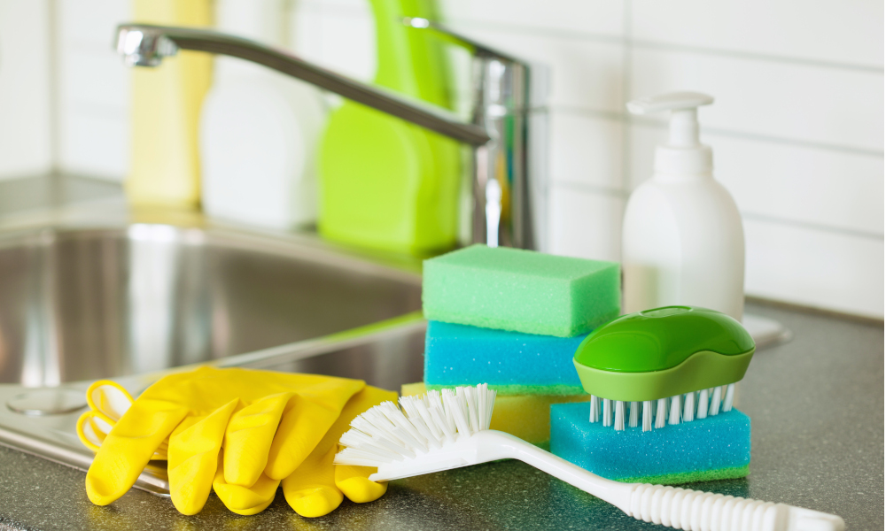 Types of household kitchen cleaners with the countertop and sink