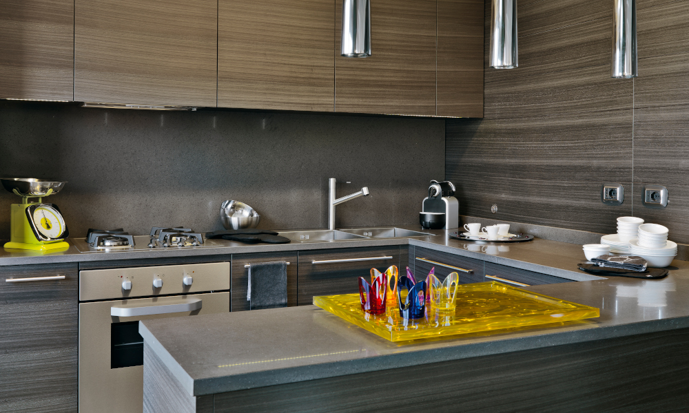 Interiors of a U-Shape modern wooden kitchen