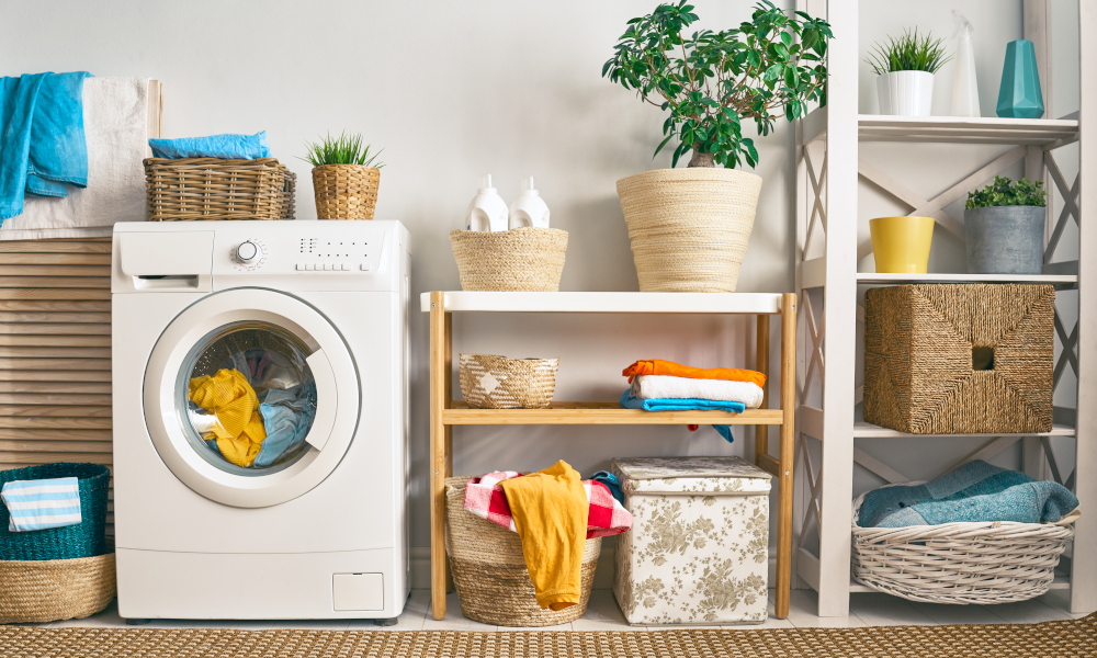 Fully equipped laundry room with a working washing machine