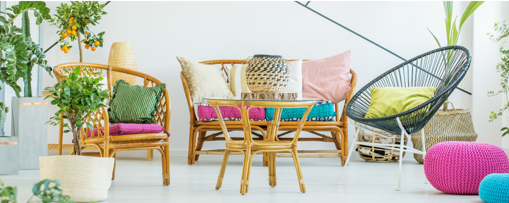 Rattan Furniture in Living Room with Pop of Colour and Greenery