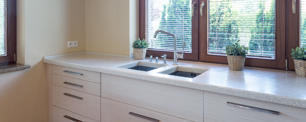 White marble countertop with double sink