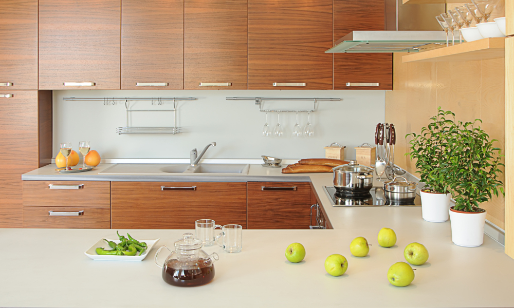 Minimalist zen kitchen with woody bamboo coloured design cabinets