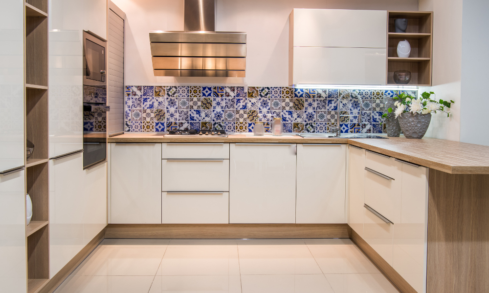 Vintage Peranakan tiles kitchen backsplash against modern kitchen furnishing for Singapore HDB