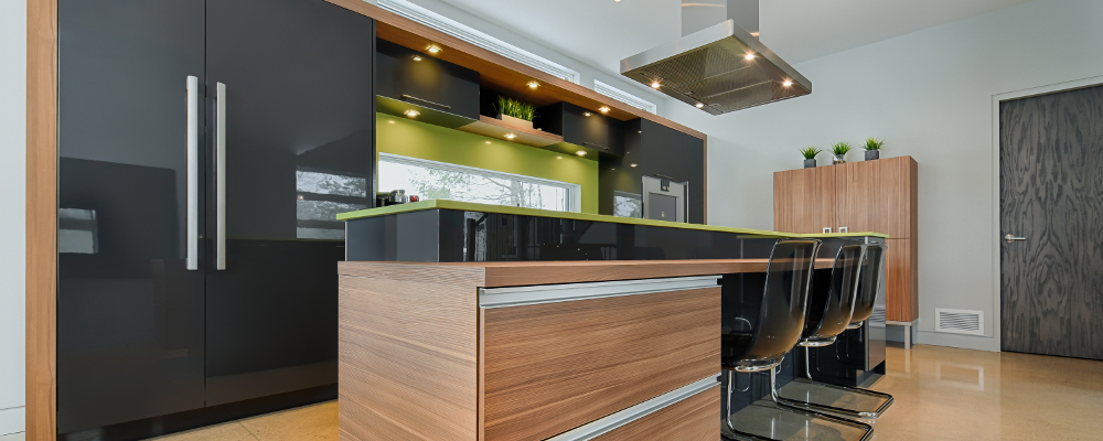 Modern kitchen island with integrated drawers as a multipurpose countertop