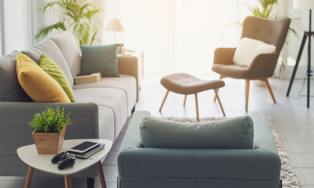 Contemporary living room interior with warm sunlight