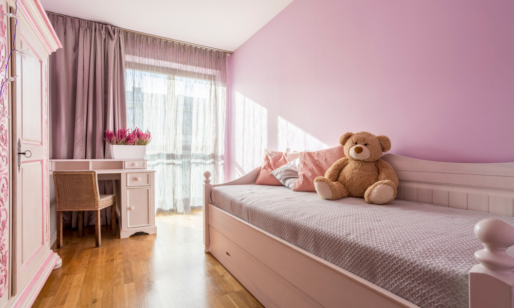 Lilac bedroom of a child with a day bed