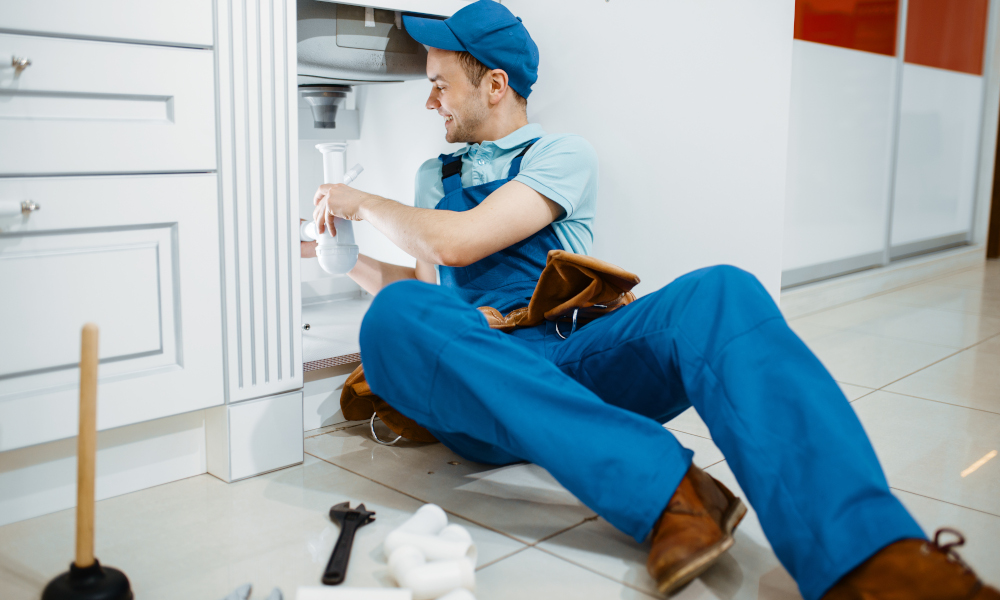 Plumber repairing a leaking sink