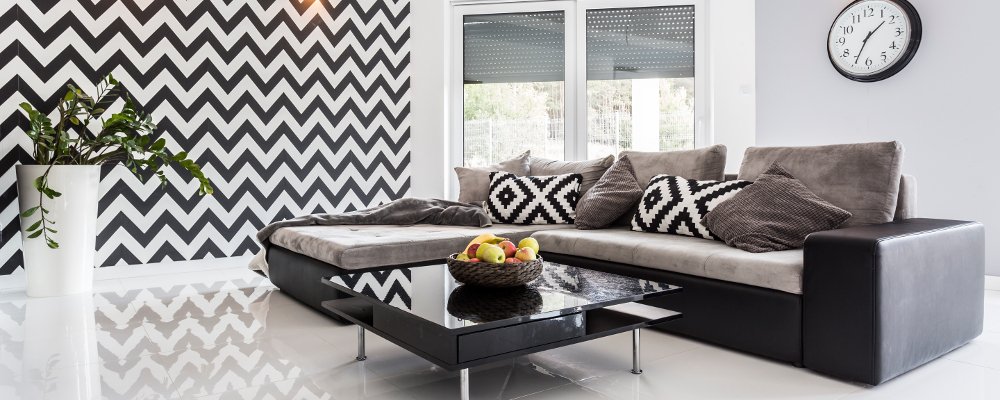 Modern Singapore HDB living room with monochrome wallpaper and tiled flooring