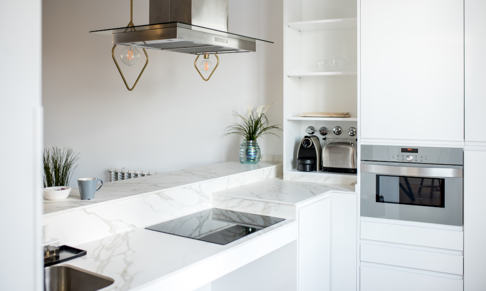 Beautiful interior design house and modern white quartz kitchen countertop