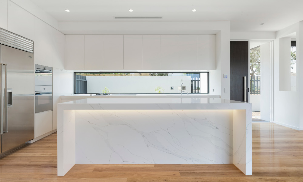 Elegant marble-like quartz kitchen island