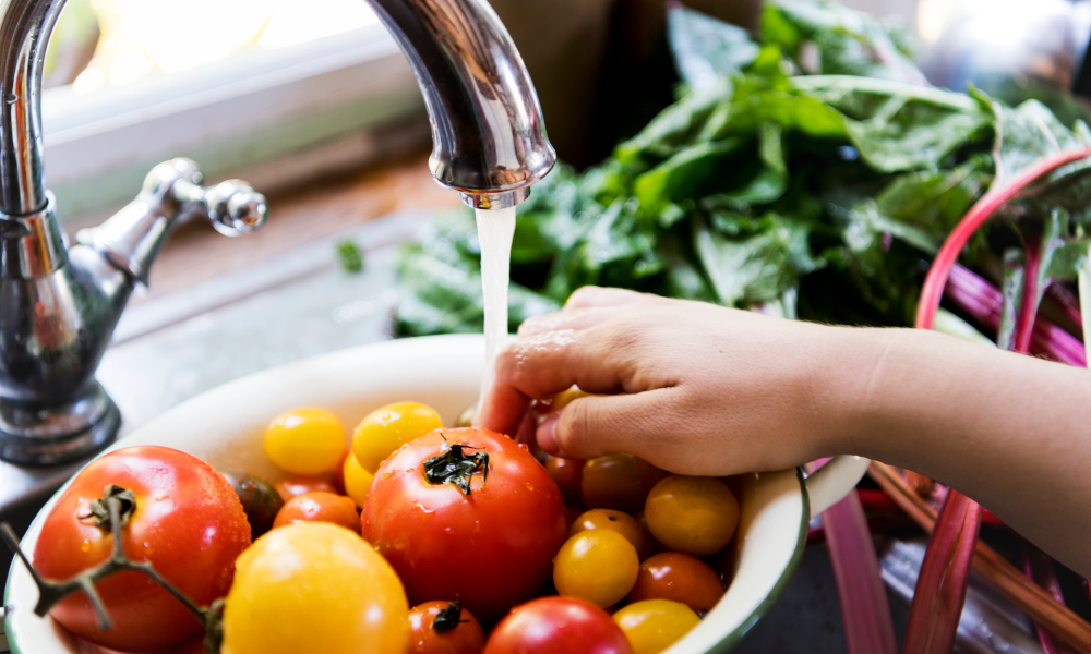 Rinsing fresh garden tomatoes and vegetables in the kitchen sink