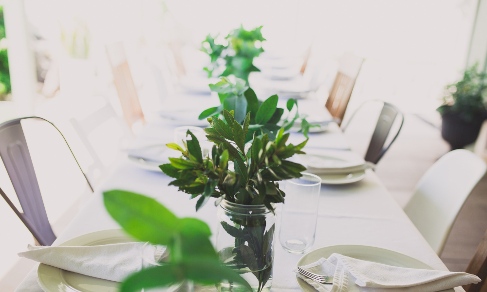 Dinner party table setup with plant centrepieces
