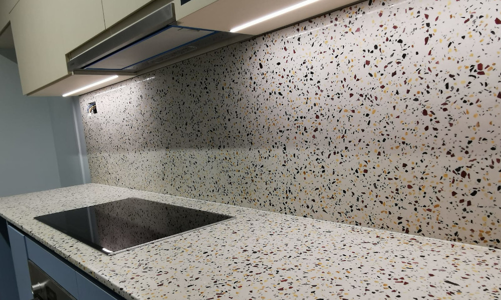 Trendy terrazzo kitchen countertop and backsplash