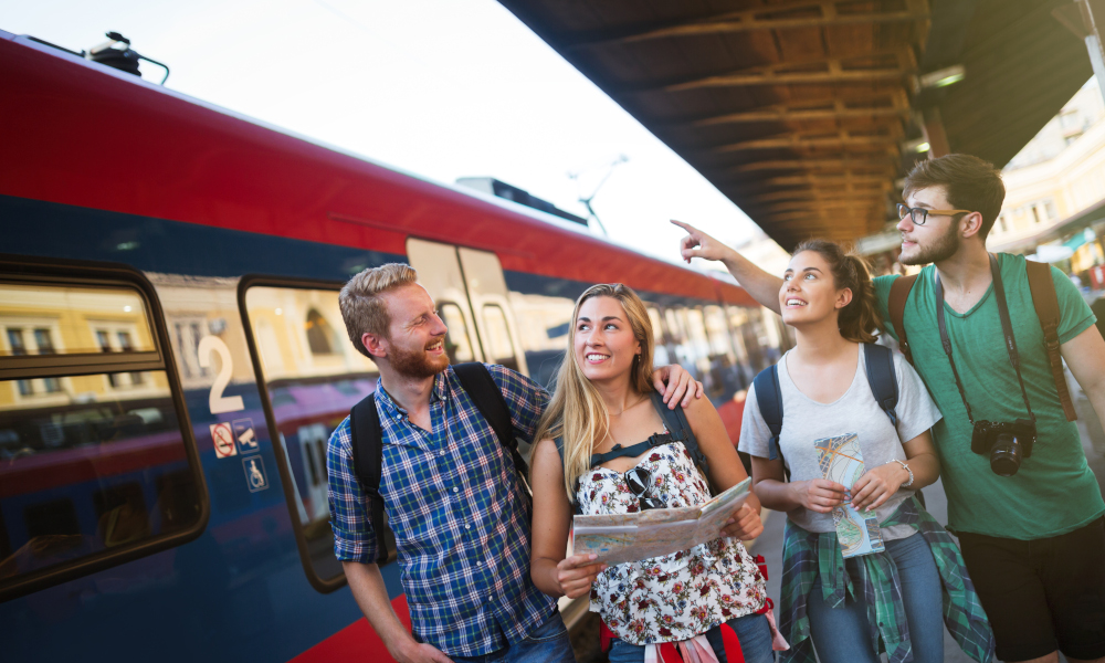 Traveling tourists taking the train