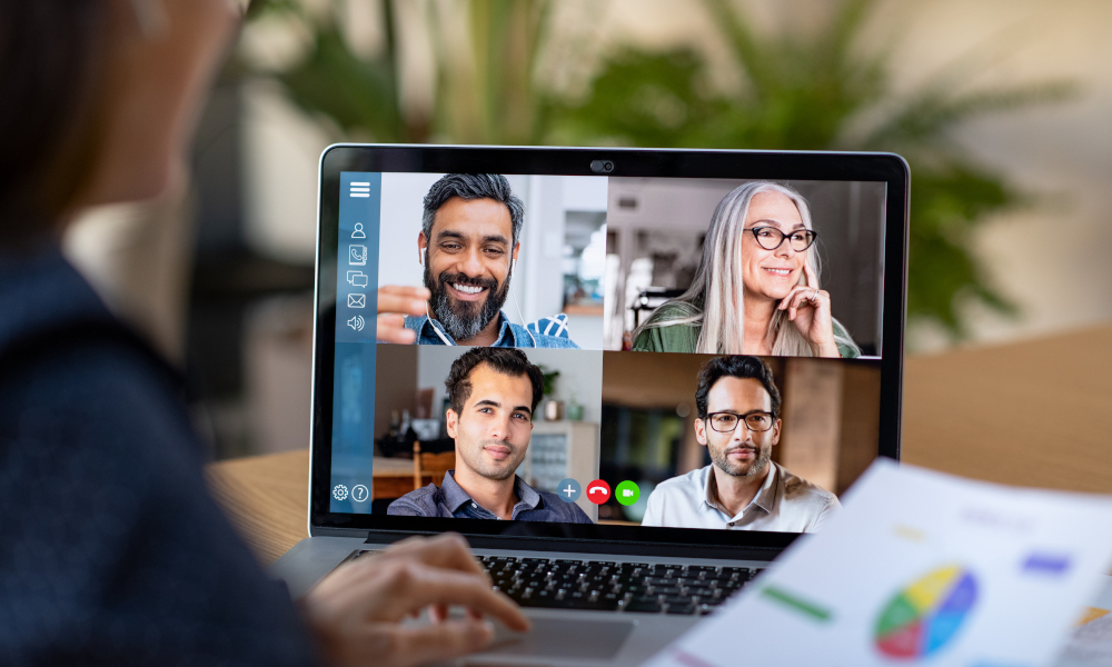 Video conferencing from home office with colleagues
