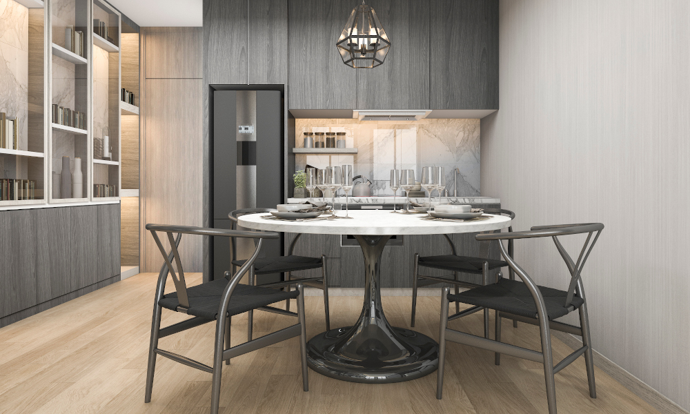 Marble round dining table in luxury kitchen