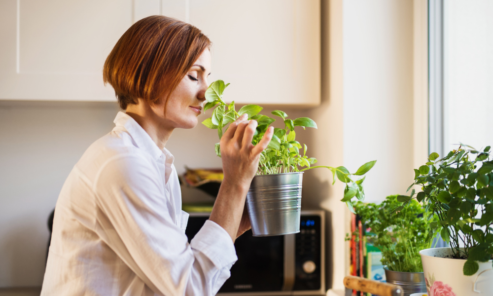 A young woman with closed eyes standing indoors in kitchen, smelling herbs.
