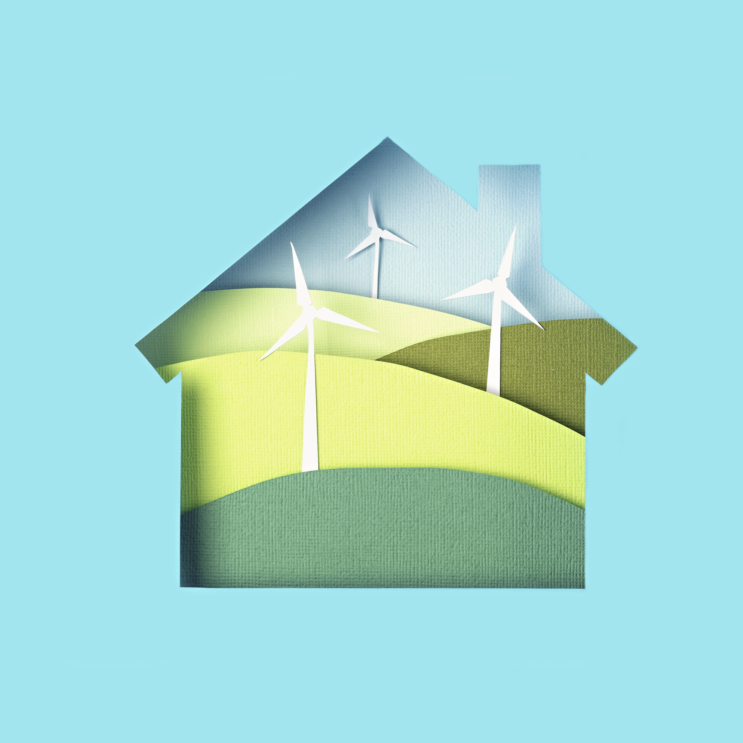 Green alternative eco friendly energy. Windmill turbines landscapes in paper cut house. Papercraft ecological concept